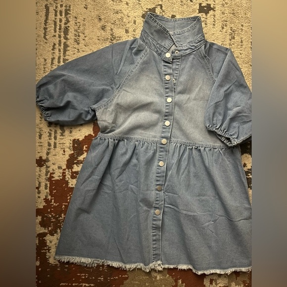 Dresses & Skirts - Denim Puffy Elastic Band Sleeve Button Down Shirt Denim Dress Tunic